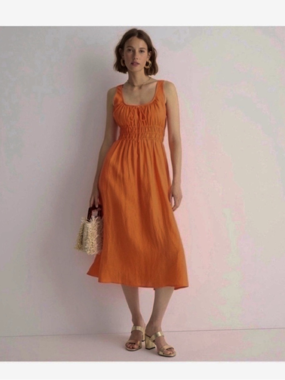 J. Crew 100% Linen Smocked Waist Tie Front Midi Dress